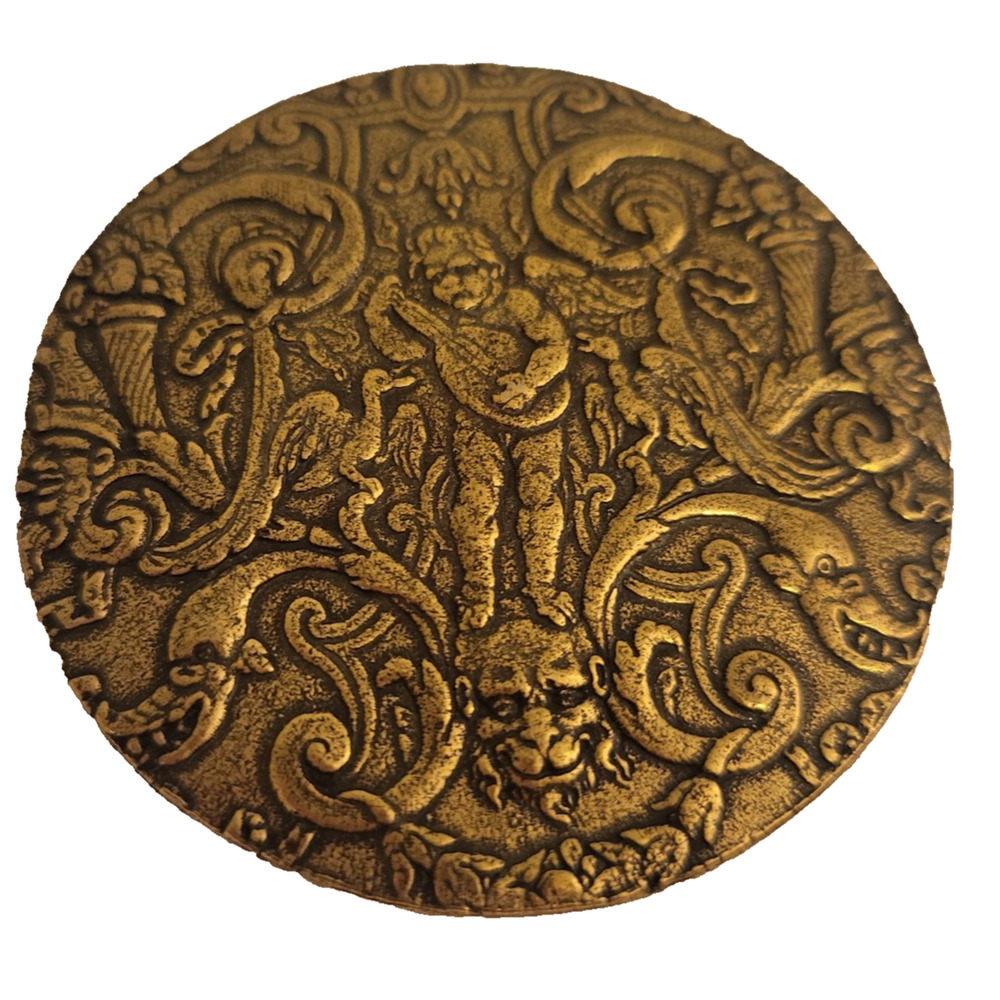 ALVA MUSEUM REPLICAS Gold Toned Round Cupid Brooch Or Pin 2 inch approximate